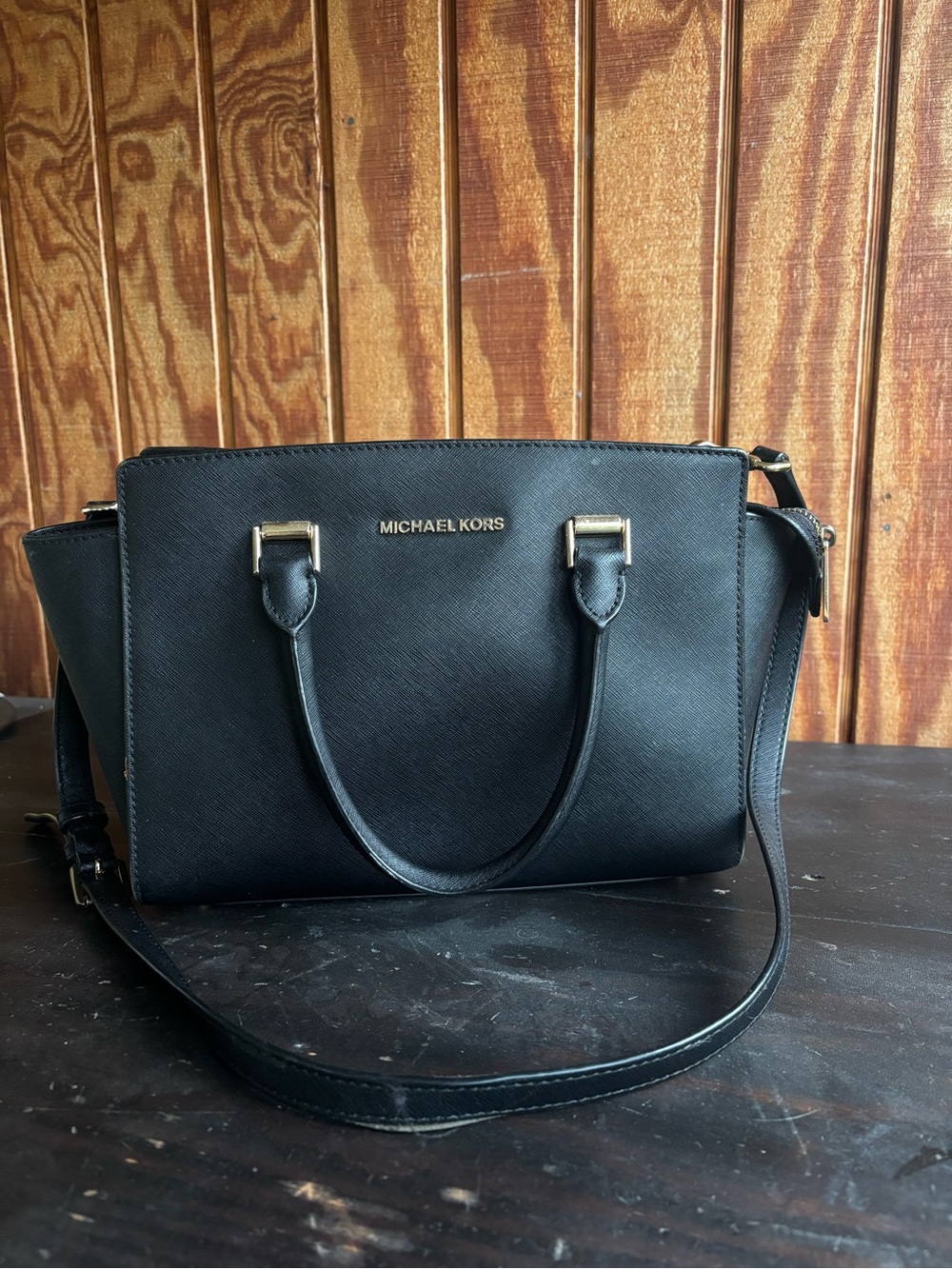 Michael Kors Black Saffiano Purse with Gold Hardware